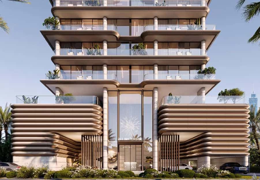 241 Waterside Dubai Islands exterior with stacked terraces and waterfront views, by Regent Developments