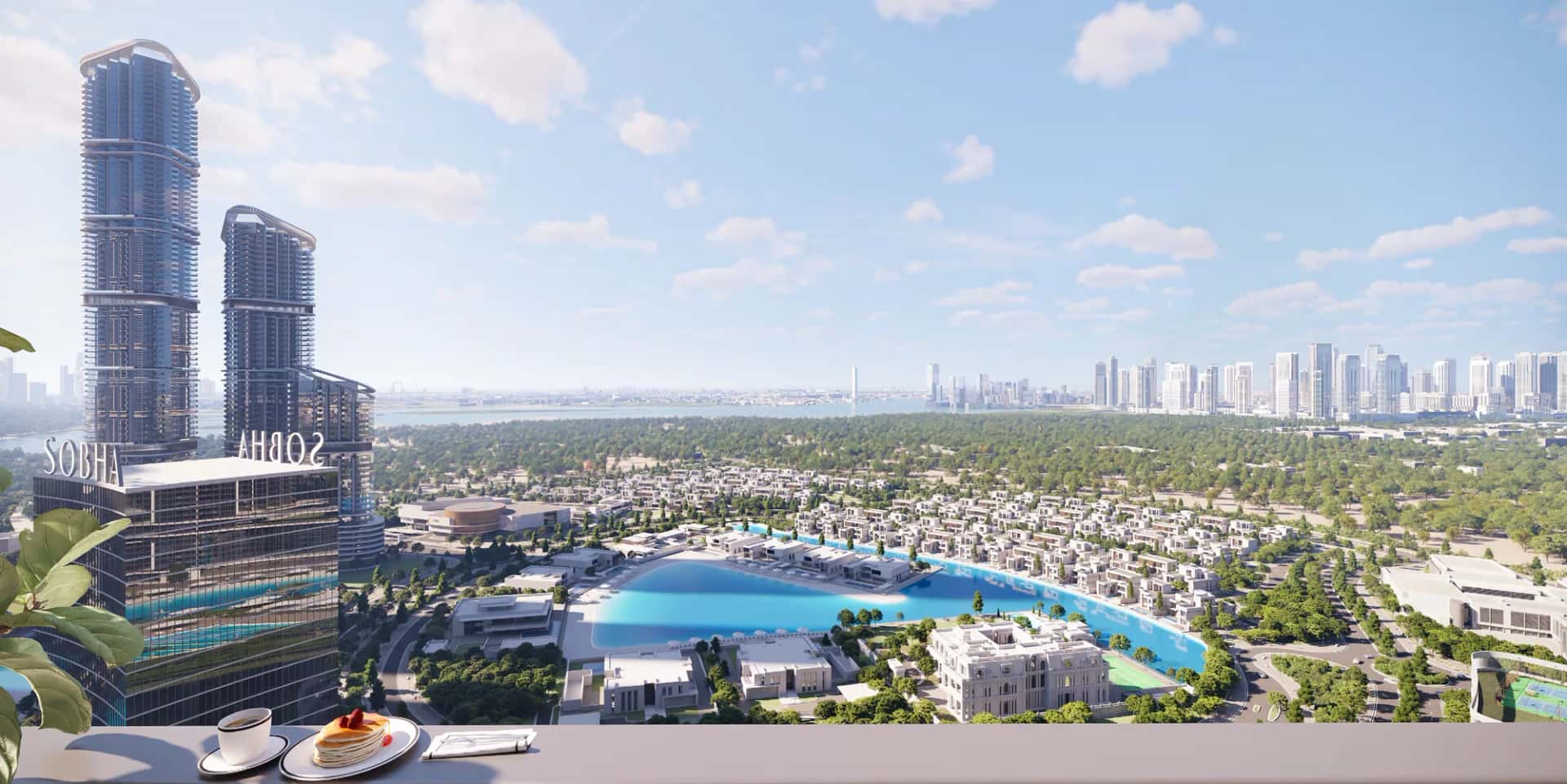 310 Riverside Crescent tower overlooking the Sobha Hartland II lagoon and boardwalk