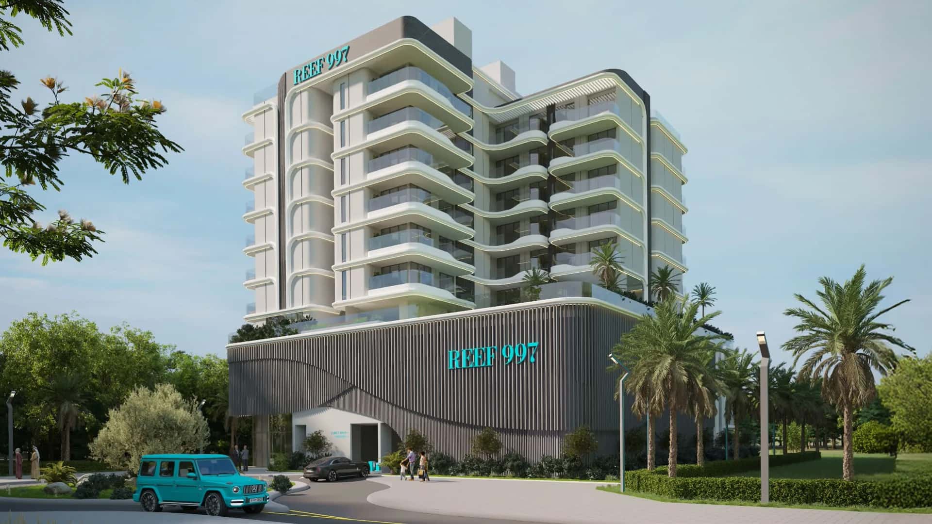 997 Residences facade on Palm Deira with sunken balcony design, Dubai Islands