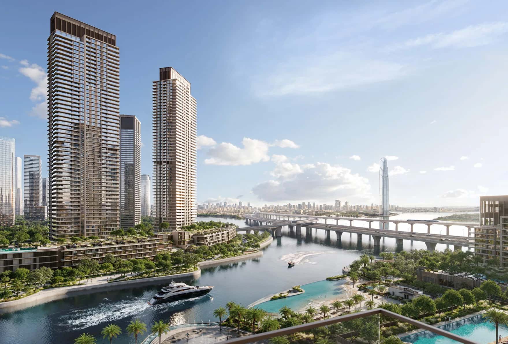 ARLO tower exterior at Dubai Creek Harbour with creek waterfront and Downtown Dubai skyline in background