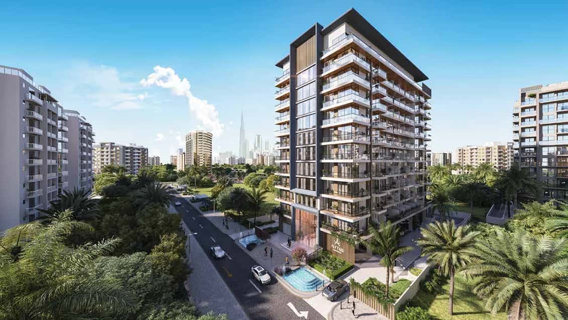 AUM 99 Residences tower exterior in Dubai Land Residence Complex, Dubai