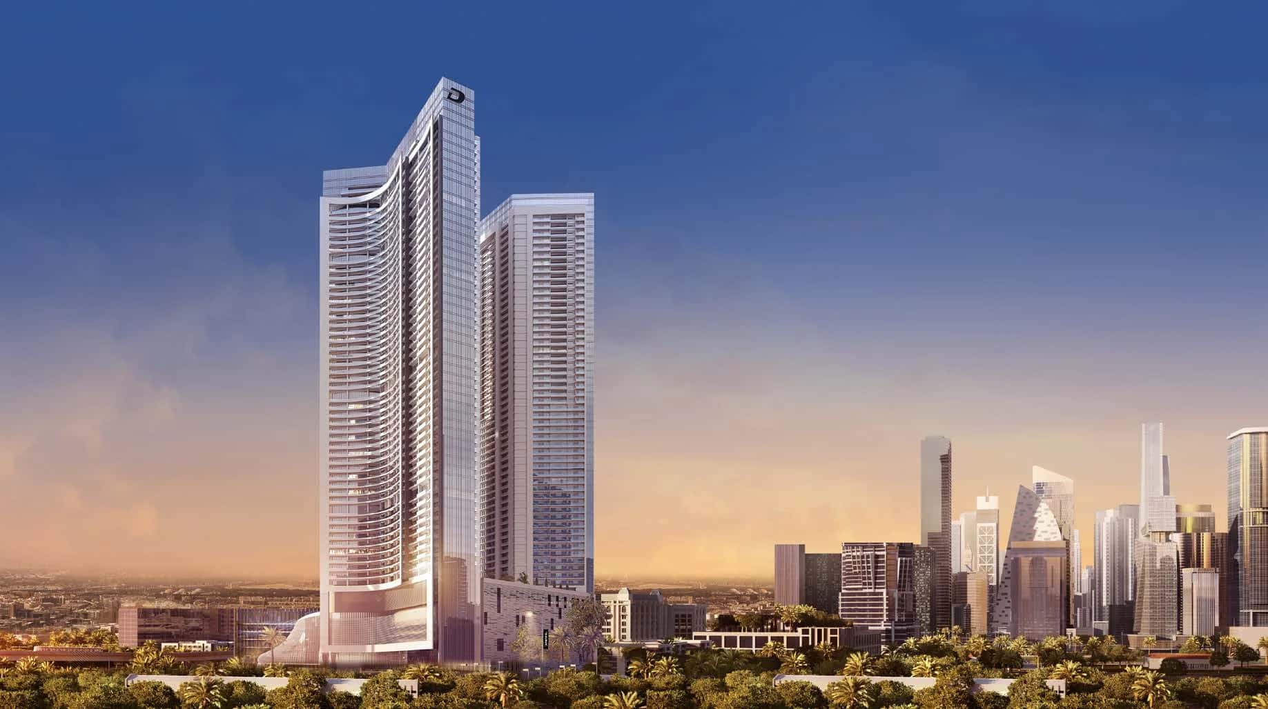 AYKON City four-tower complex on Sheikh Zayed Road with Dubai Canal and city skyline views, Dubai