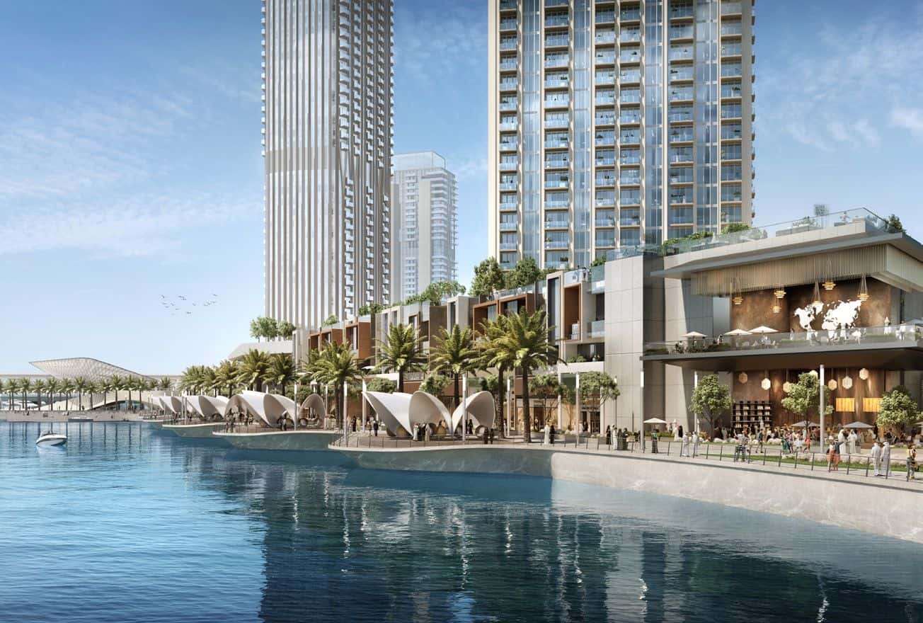 Aeon Tower 1 and Tower 2 by Emaar at Dubai Creek Harbour with canal and skyline views