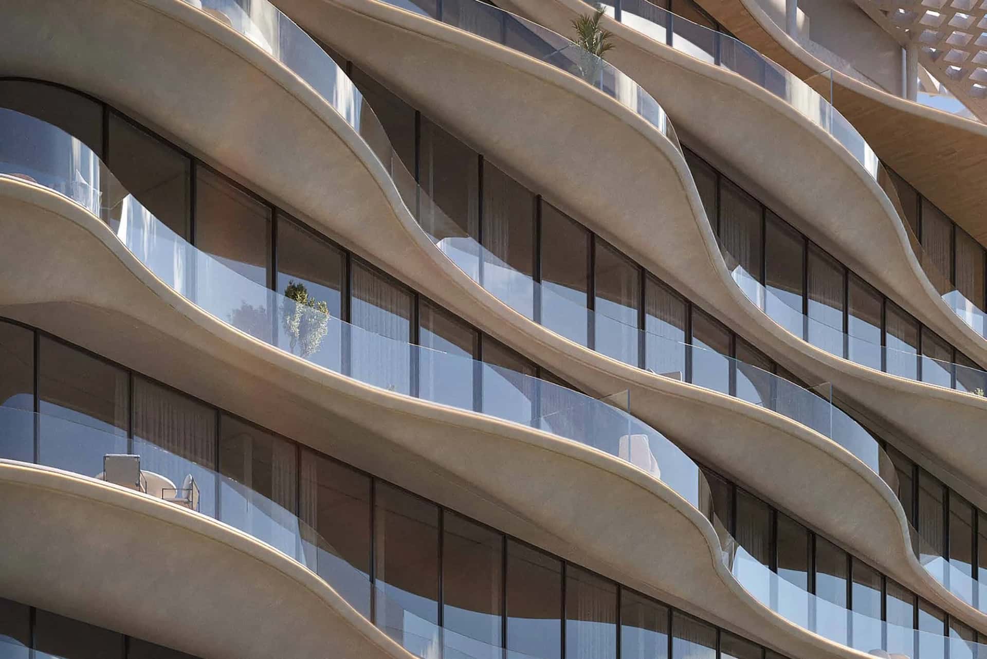 Agua Residences tower exterior with curved balconies on Palm Deira, Dubai Islands
