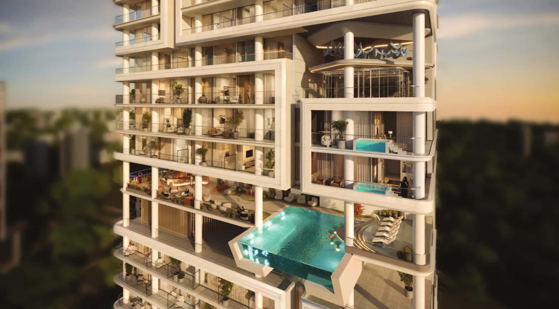 Allura Residences tower exterior and suspended lap pool in Jumeirah Village Circle, Dubai