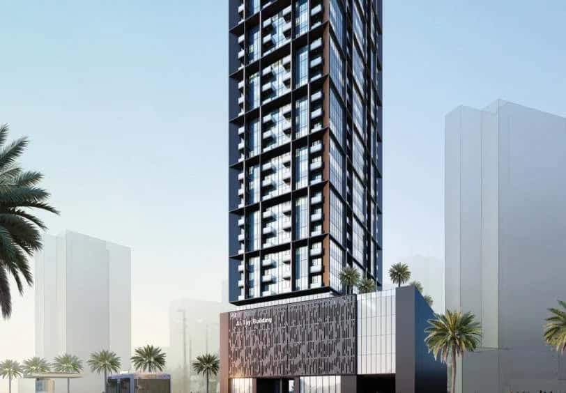 Altai Tower exterior facade rising above Jumeirah Village Triangle, Dubai