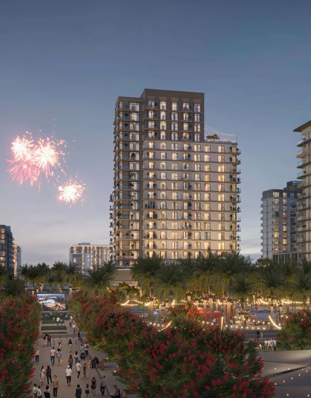 Alton tower exterior overlooking Town Square Park, Dubai, earth-toned facade