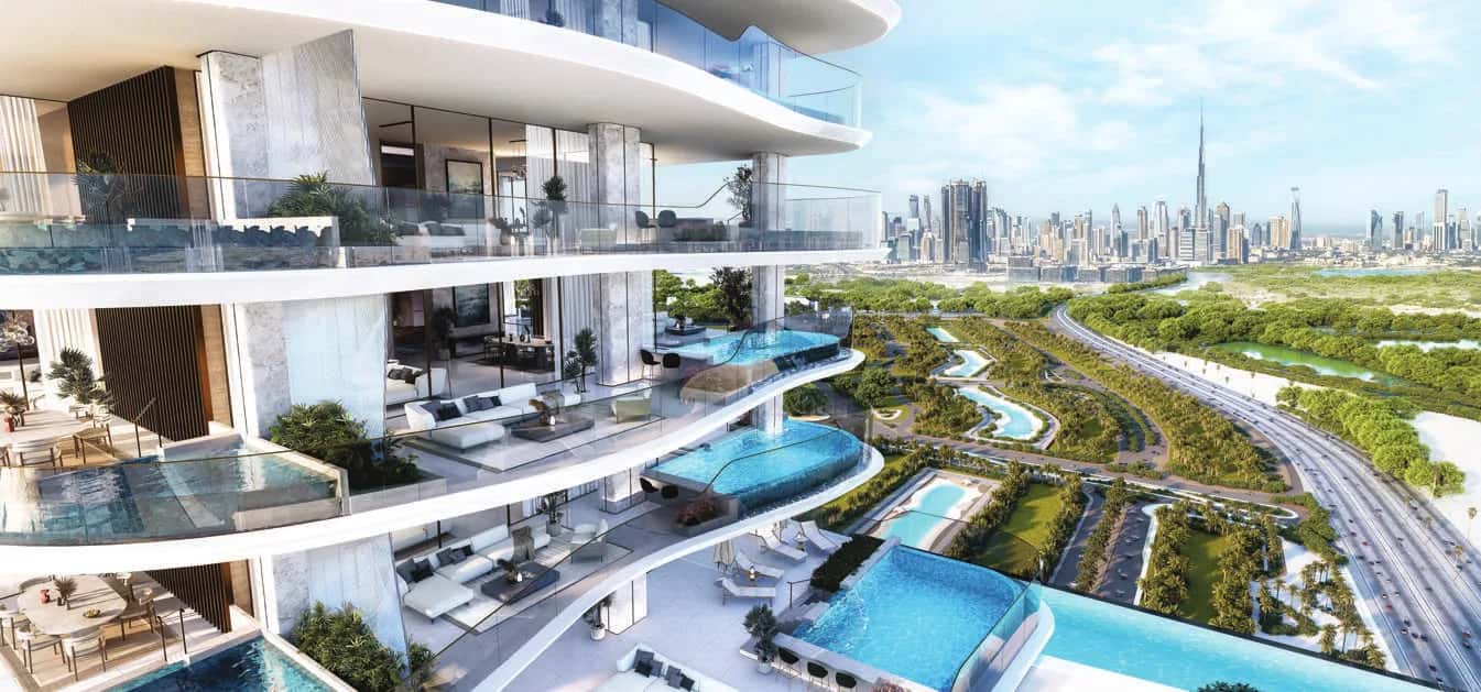 Amaal 8 residential tower rising above the Meydan Horizon crystal lagoon masterplan in Dubai