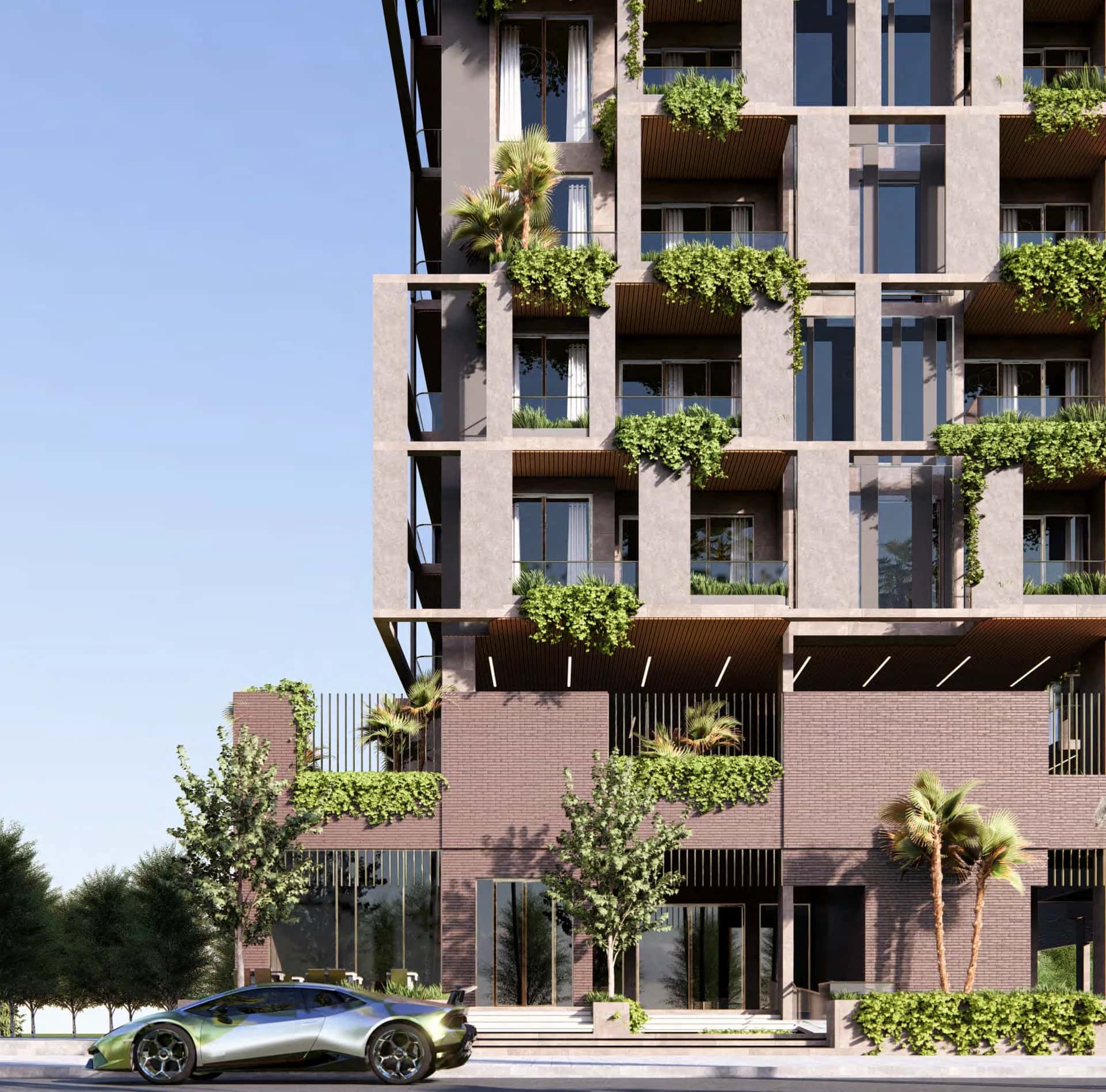 Amazonia residential building Al Jaddaf Waterfront Dubai, brick-red facade with glass railings and green landscaping