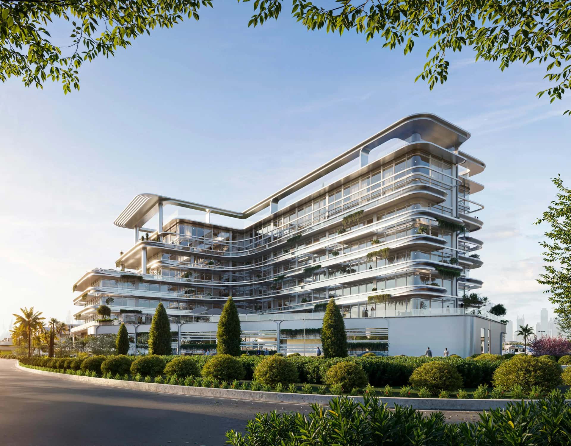Aquora waterfront residential building on Island A, Dubai Islands, with marina views and layered terrace facade