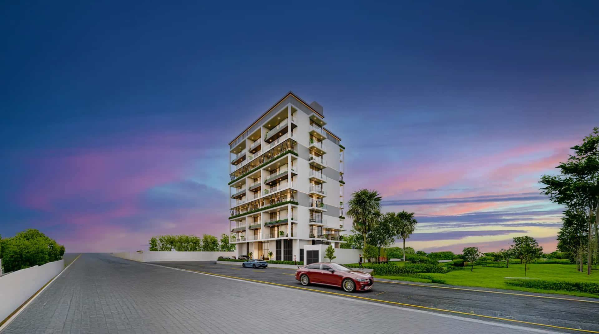 Arib Collection boutique residential building beside a park in Dubai Land Residence Complex, Dubailand