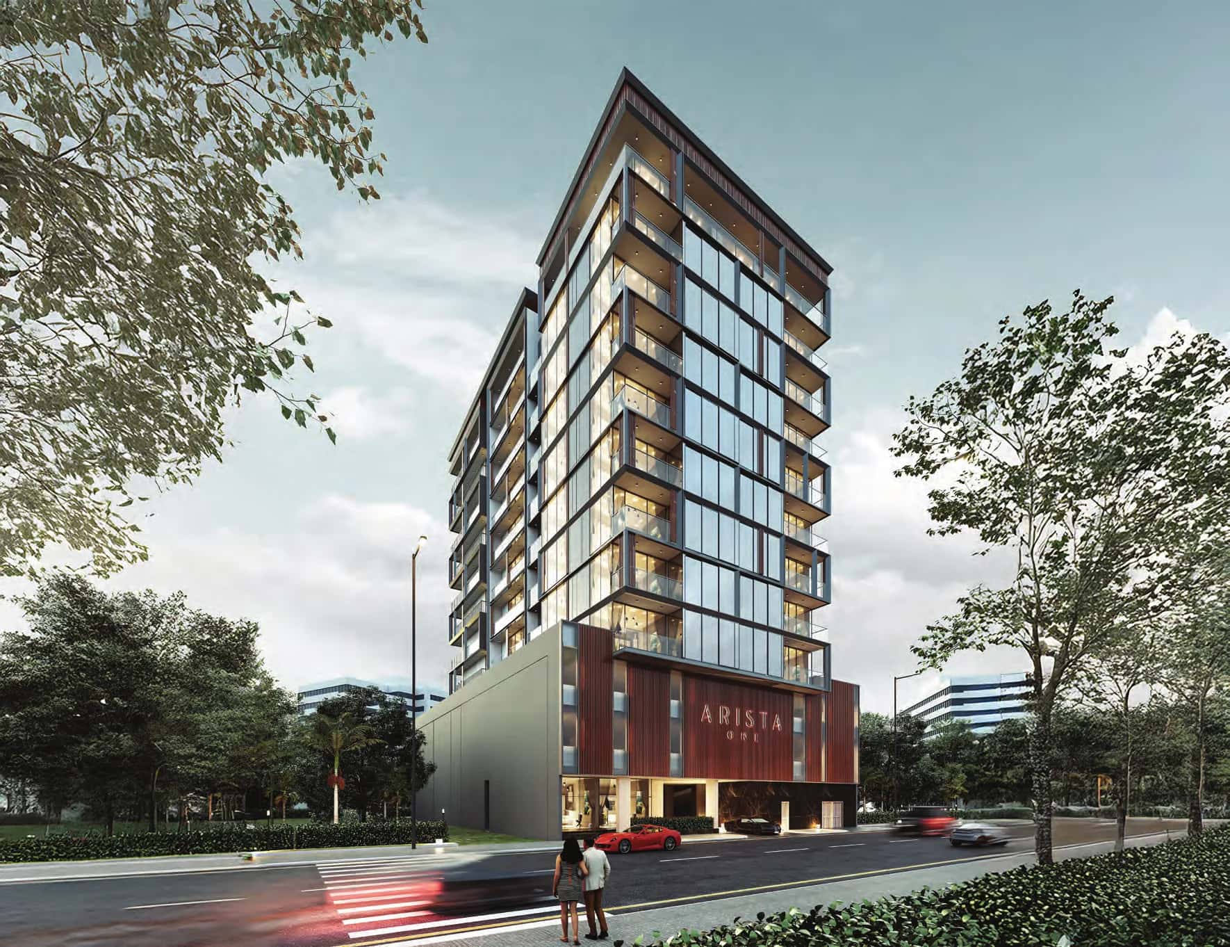 Arista One residential building exterior in Jumeirah Garden City, Dubai, with rooftop pool level