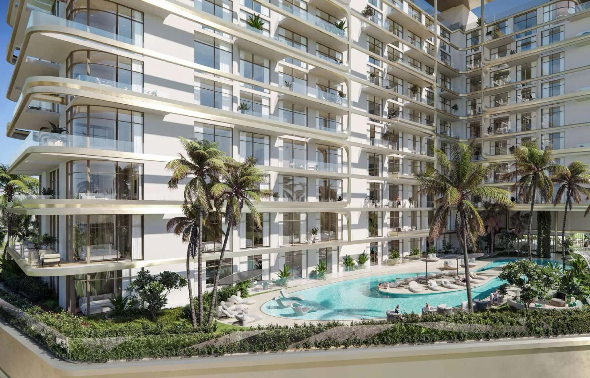 Arka Enclave Residences tower on Dubai Islands with rooftop infinity pool overlooking the coastline