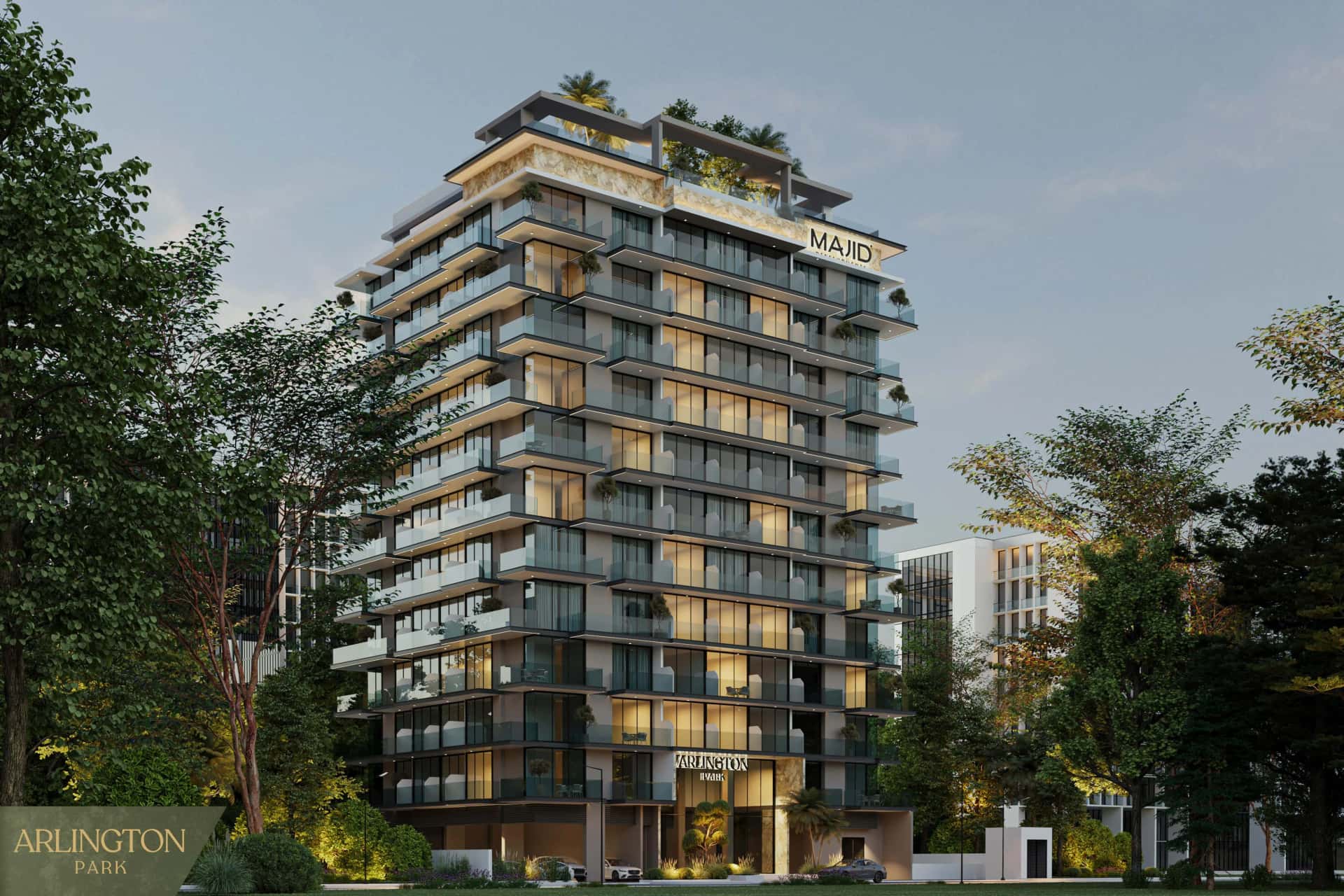 Arlington Park residential building exterior render, Dubai Land Residence Complex