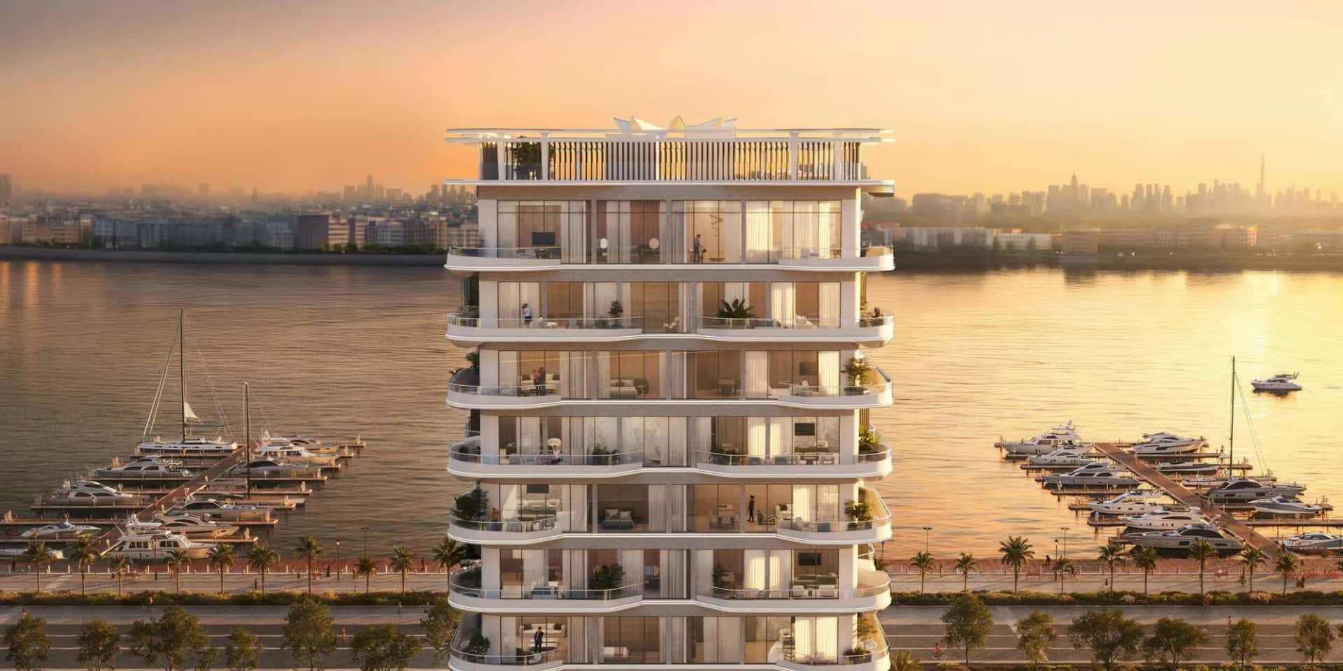 Arya Residences tower exterior render in Palm Deira, Dubai Islands