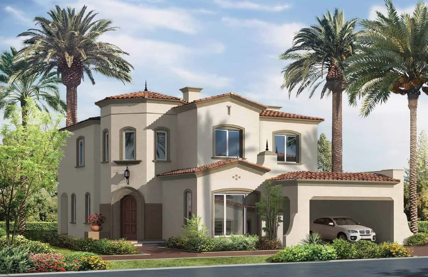 Spanish-style villa with terracotta roof overlooking Arabian Ranches golf course at Aseel
