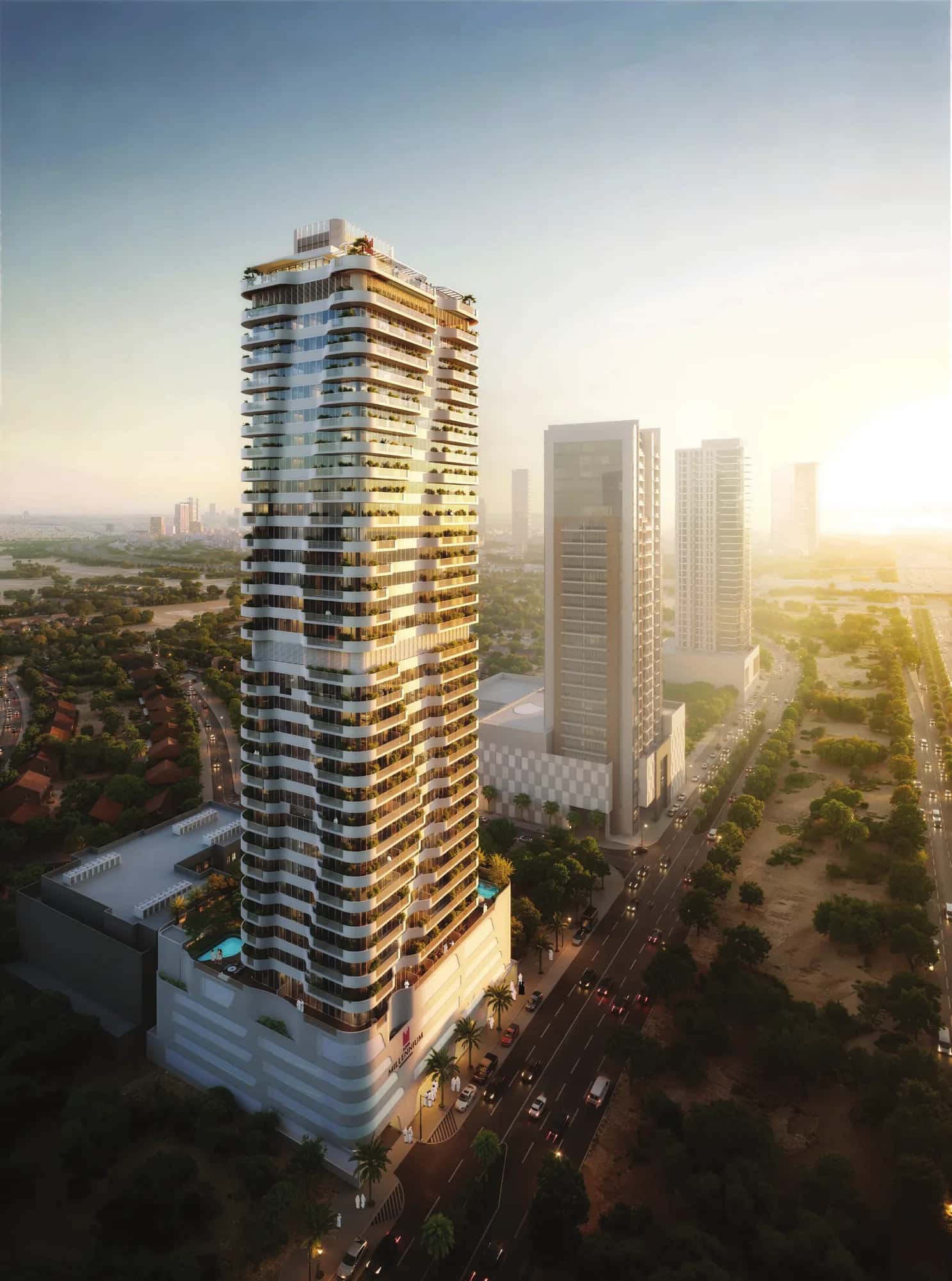 Azha Millennium Residences tower exterior in Jumeirah Village Triangle, Dubai