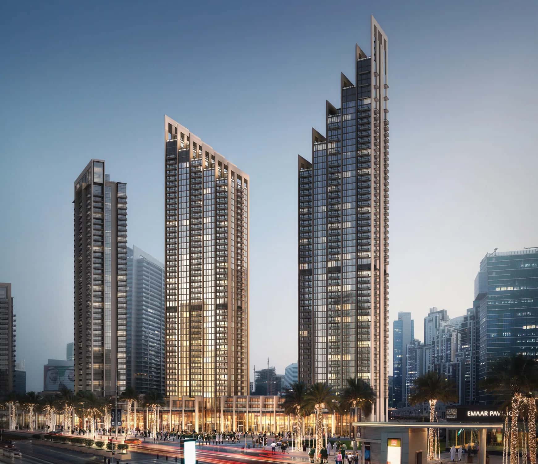 BLVD Heights twin towers on Sheikh Mohammed bin Rashid Boulevard, Downtown Dubai, with Burj Khalifa in background