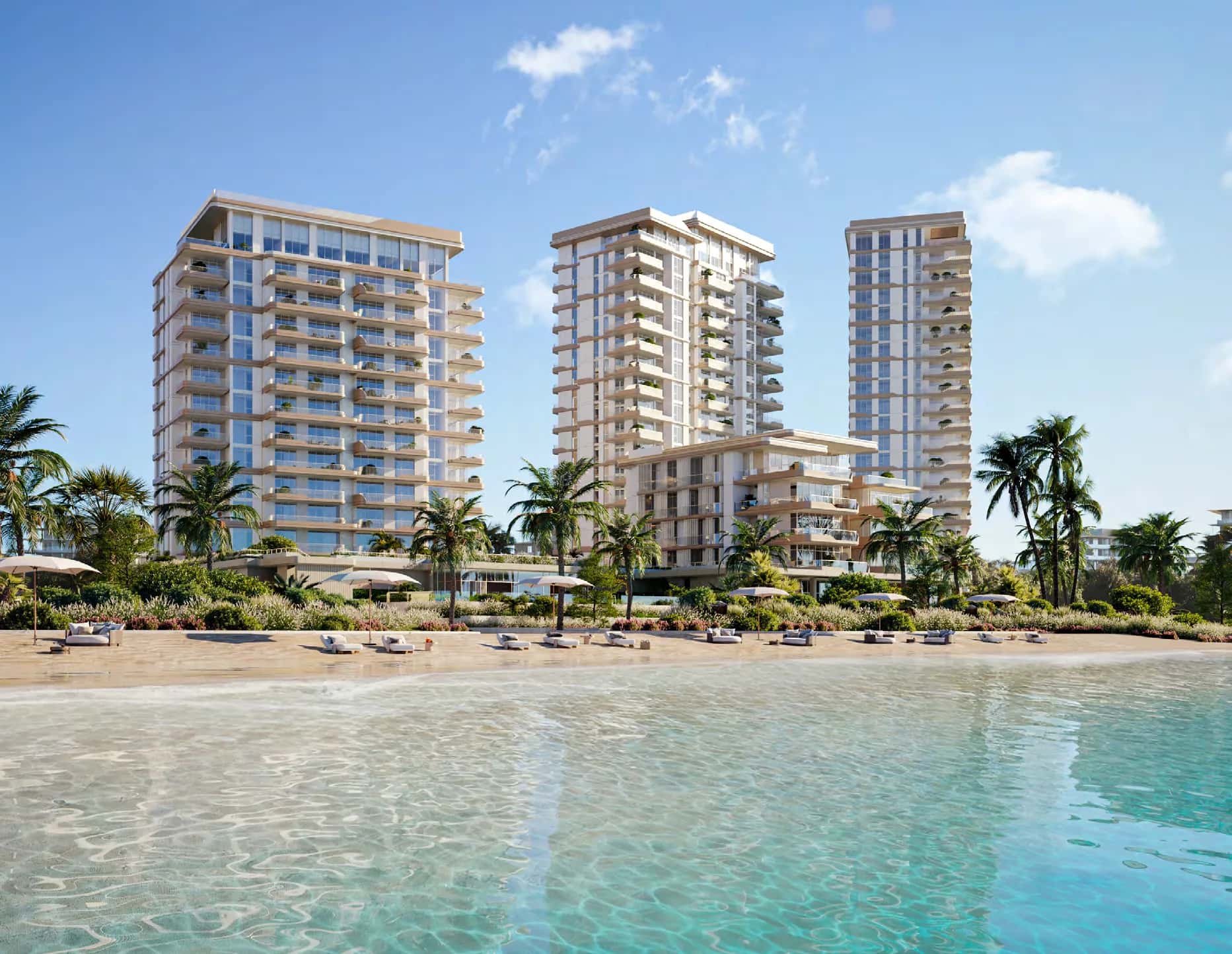 Bay Grove Residences D aerial view of four waterfront buildings on Island B, Dubai Islands