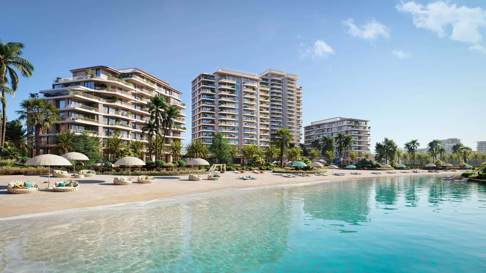 Bay Grove Residences by Nakheel on Island B, Dubai Islands — four residential buildings with beachfront infinity pool and podium gardens