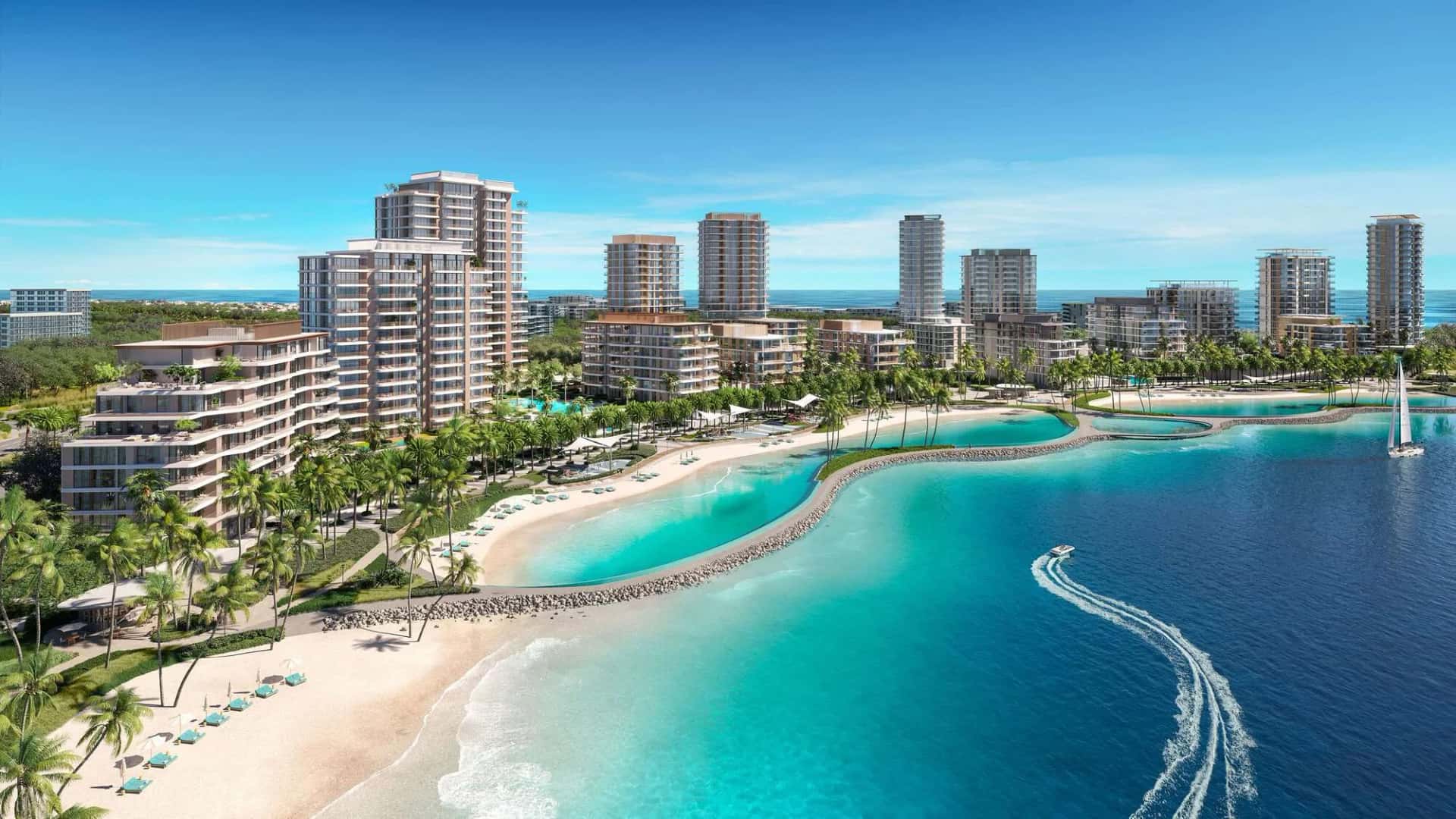 Bay Grove Residences beachfront towers and podium pool on Dubai Islands, Palm Deira