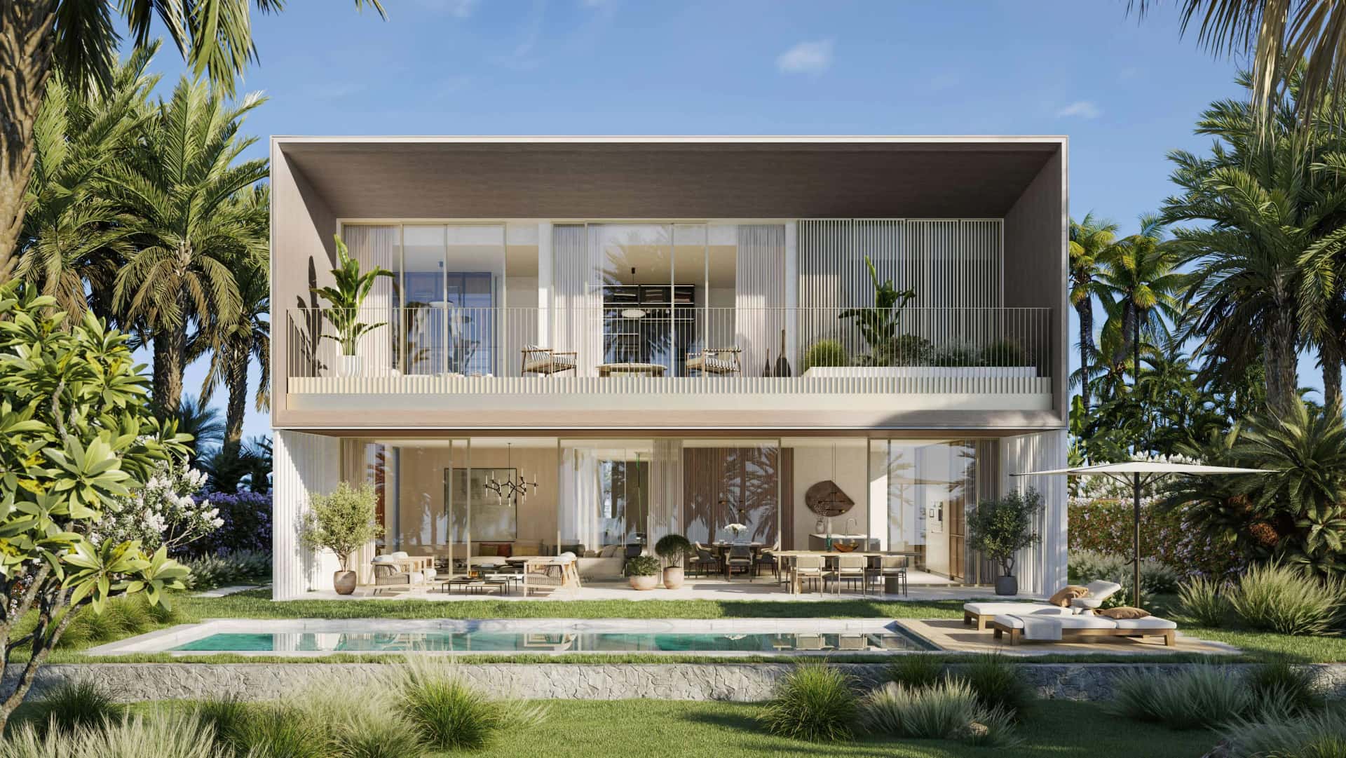 Bay Villas Dubai Islands by Nakheel — waterfront villa exterior with beach promenade and Arabian Gulf views
