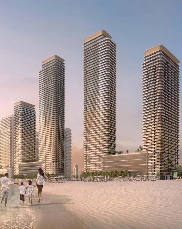 Bayview by Address Resorts tower facades overlooking the Arabian Gulf at Emaar Beachfront, Dubai Harbour
