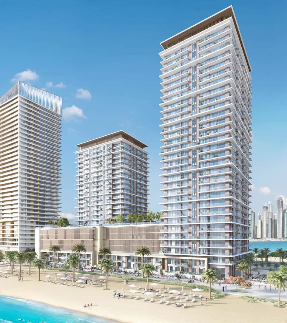 Beach Isle twin towers at Emaar Beachfront, Dubai Harbour, with infinity pool and Arabian Gulf views