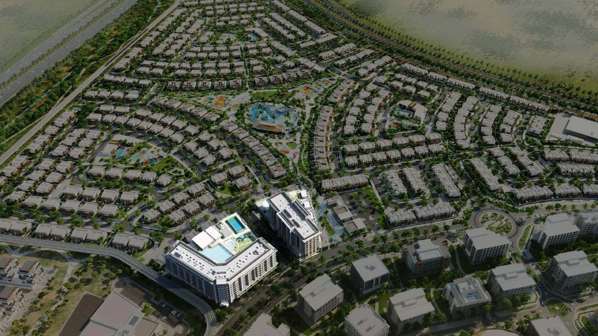 Beachfront Gates 2 apartment building in Dubai South Residential District with landscaped greenery