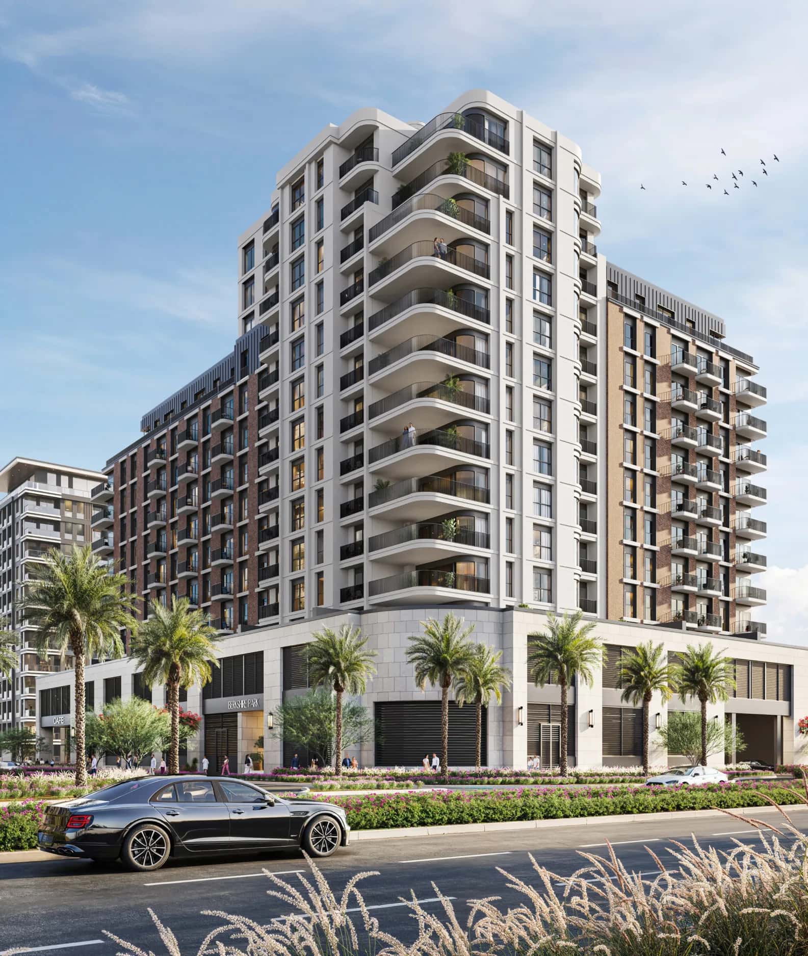 Berkshire Park apartment building by Nshama overlooking the central park in Town Square, Dubai