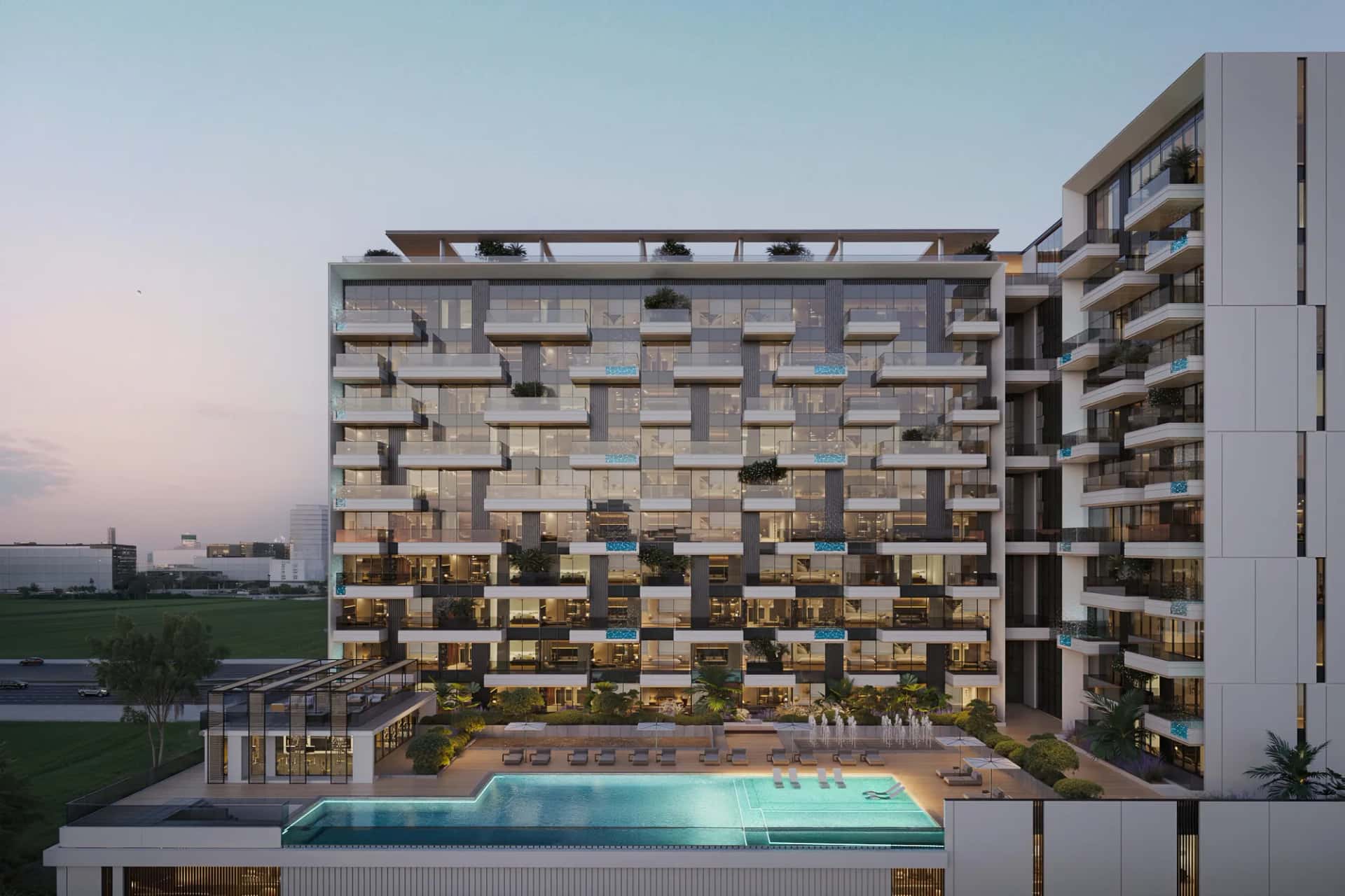 Beverly Gardens residential tower facade in Discovery Gardens, Dubai