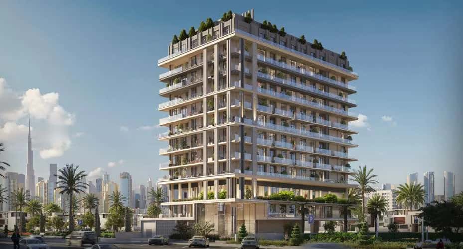 Beverly Park residential tower exterior in Dubai Land Residence Complex, Dubailand