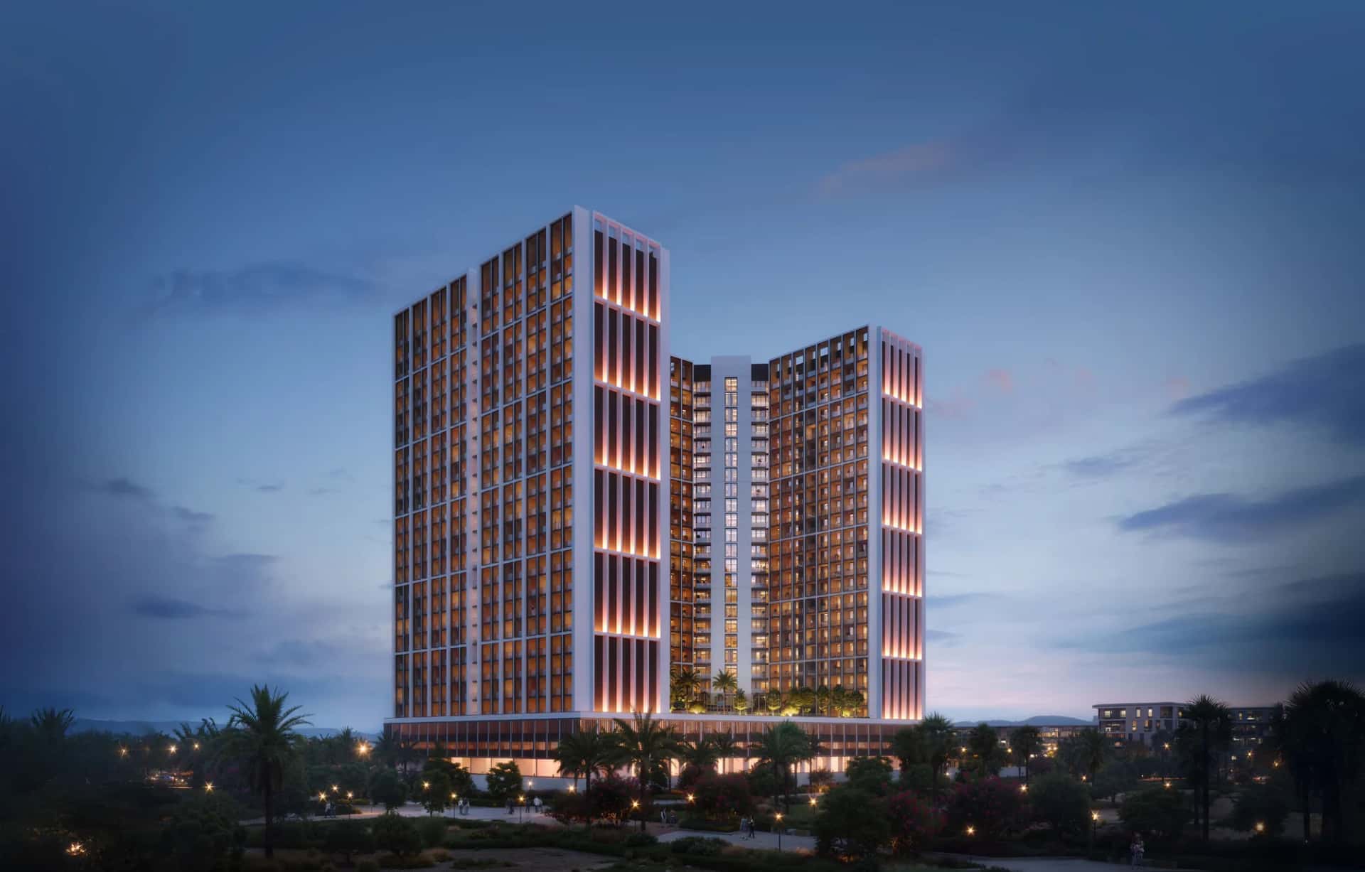 Binghatti Elite tower facade with metal accent design in International Media Production Zone Dubai