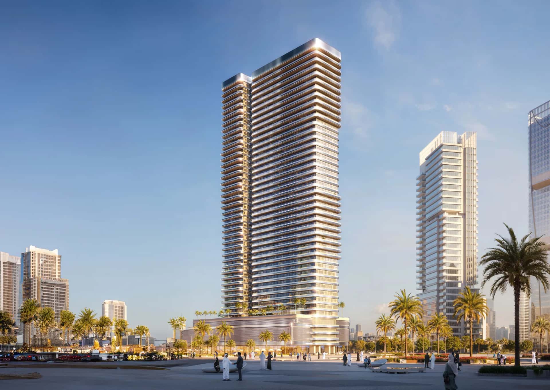 Binghatti Hillviews tower exterior with curvilinear facade in Dubai Science Park