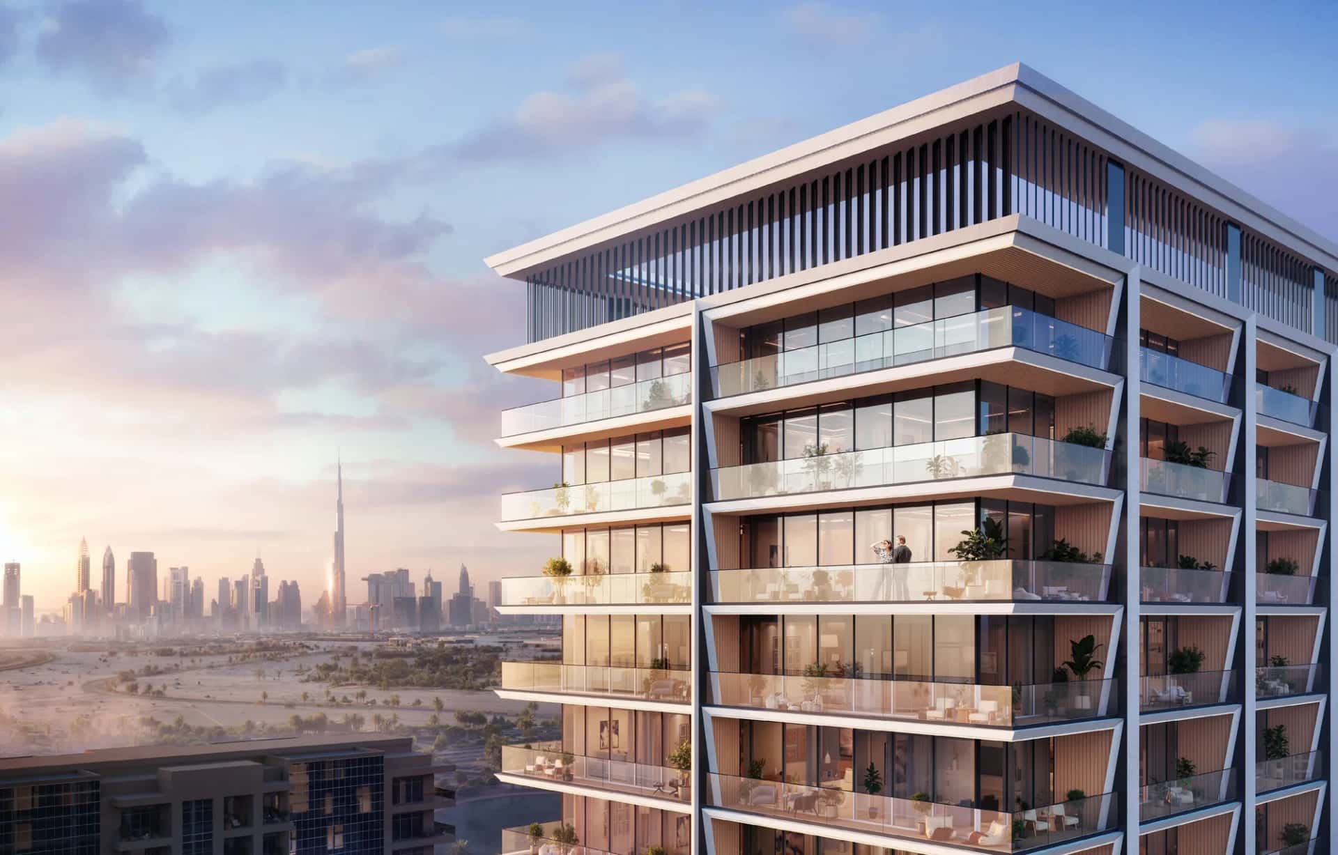 Binghatti Ivory tower facade in Al Jaddaf, Dubai, showing metal mesh and travertine design