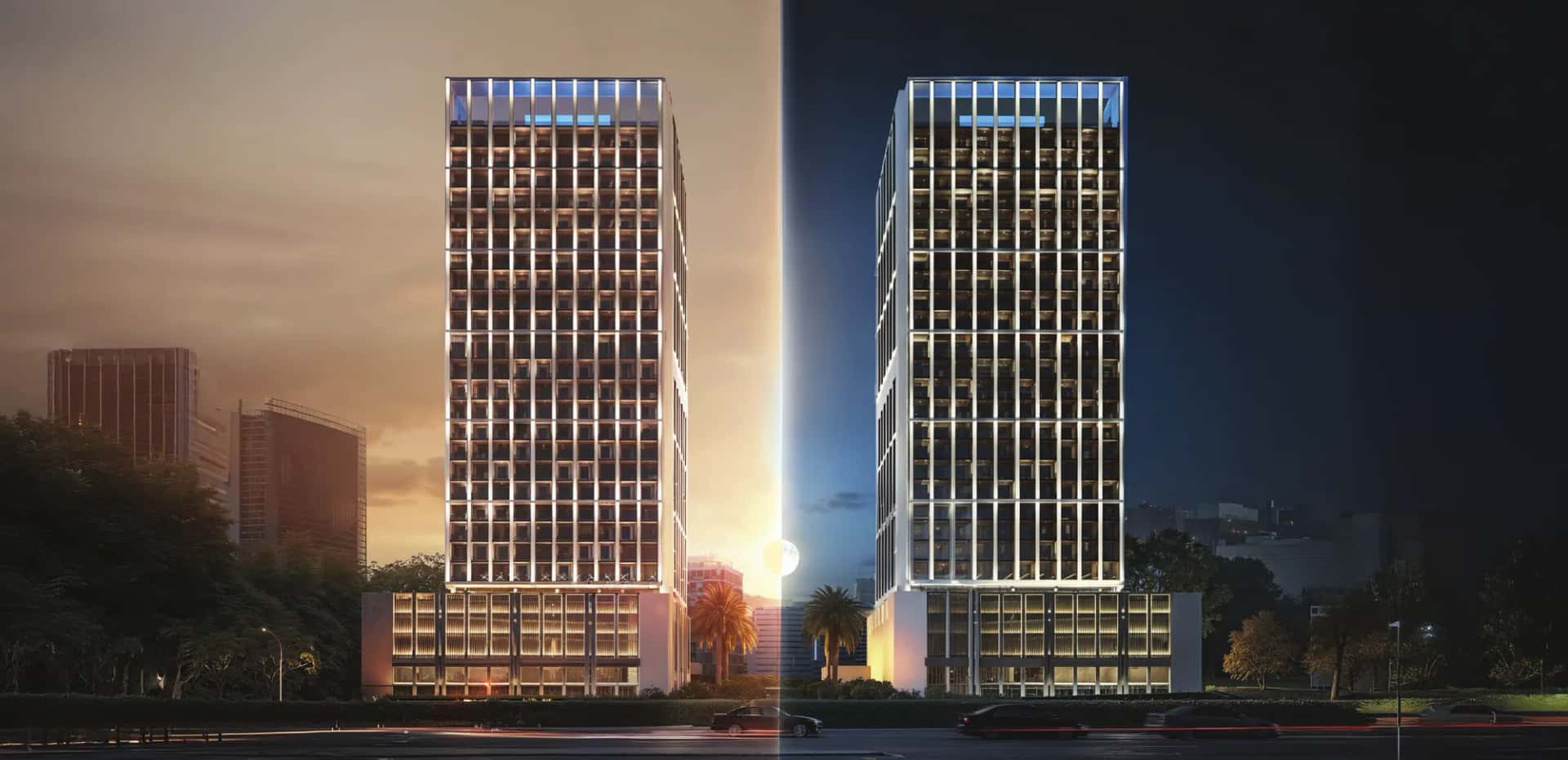 Binghatti Moonlight crystalline glass tower facade in Al Jaddaf Waterfront, Dubai
