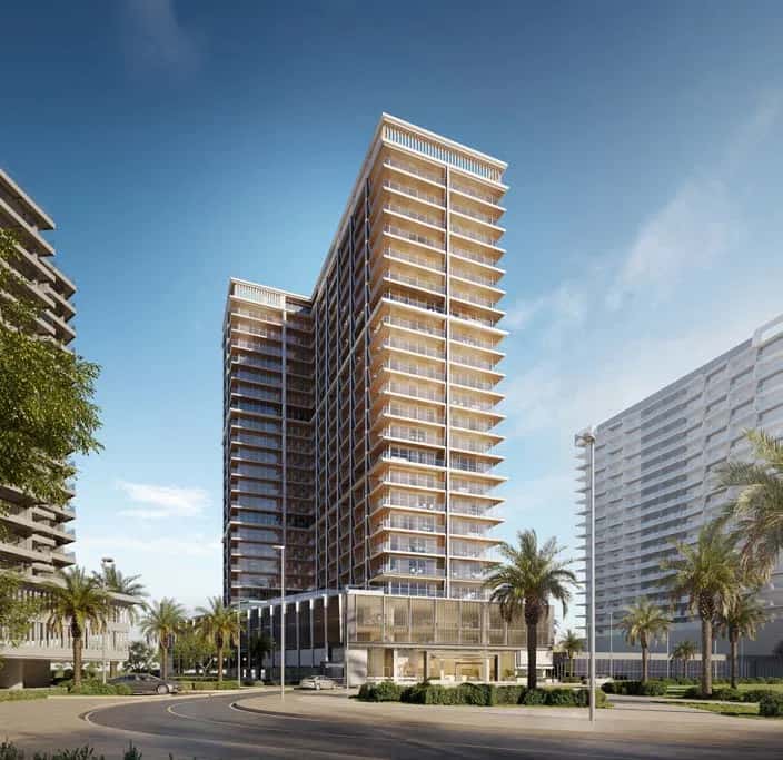 Binghatti Starlight tower facade with hexagonal glass pattern in Dubai Healthcare City