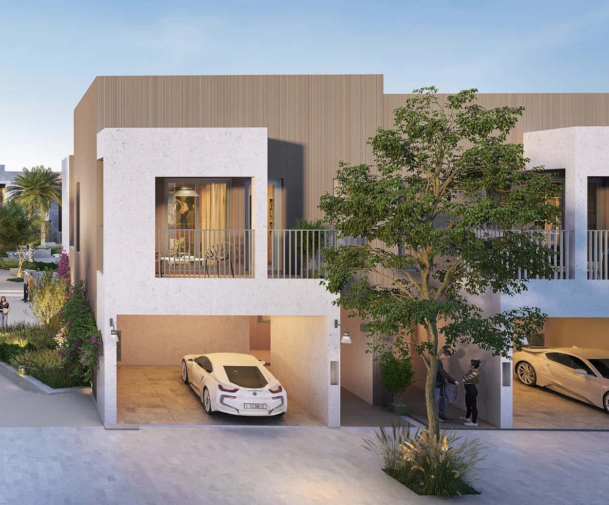 Bliss 2 Arabian Ranches III townhouses exterior showing Modern Collection façade and Wadi River landscaping