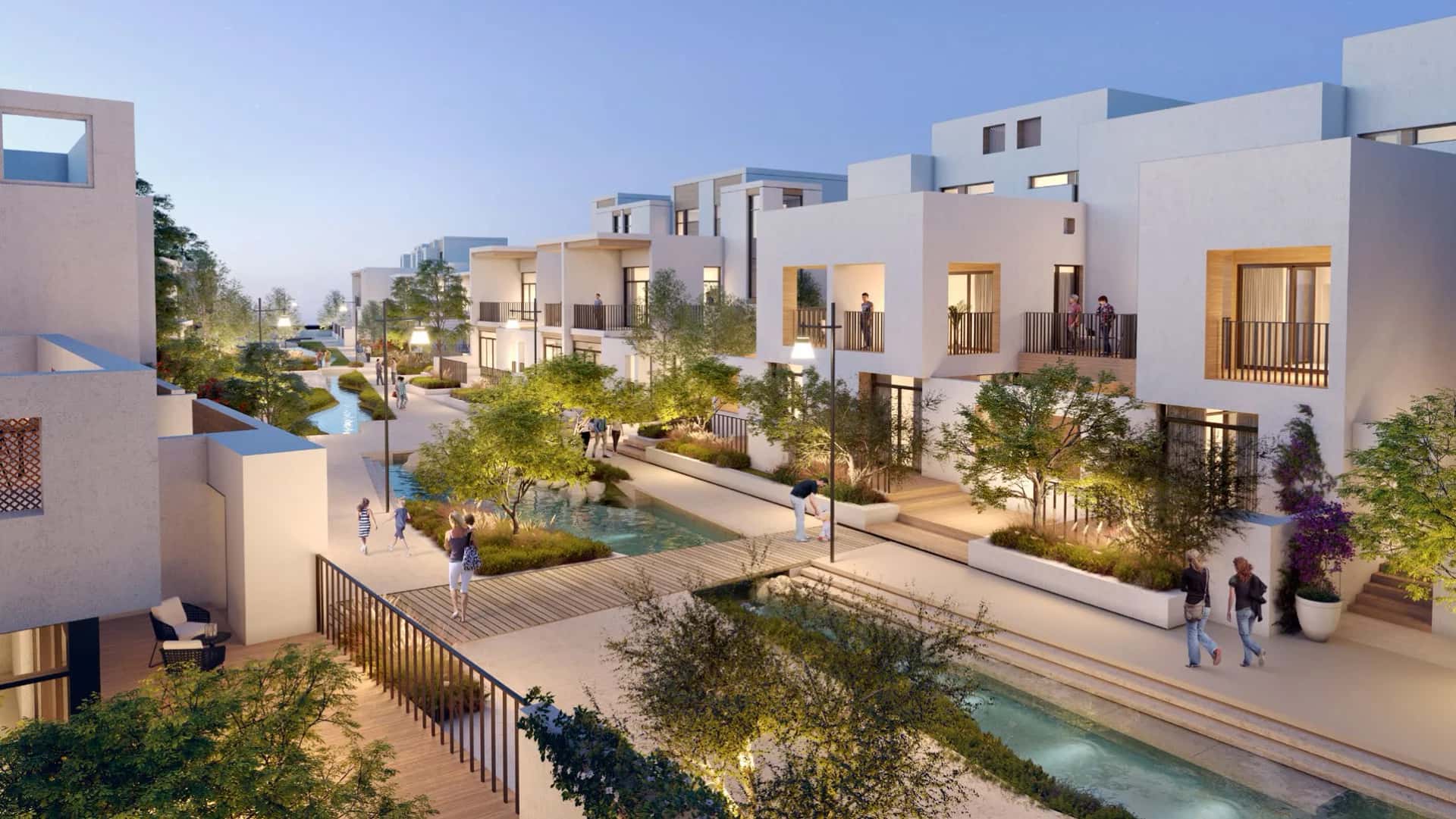 Bliss at Arabian Ranches III whitewashed townhouses with cobbled streetscape and landscaped gardens, Dubai