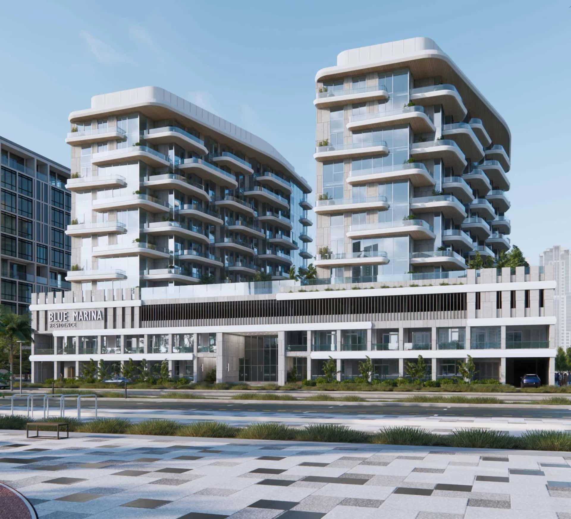 Blue Marina Residence towers on Dubai Islands Palm Deira with infinity pool and beachfront views