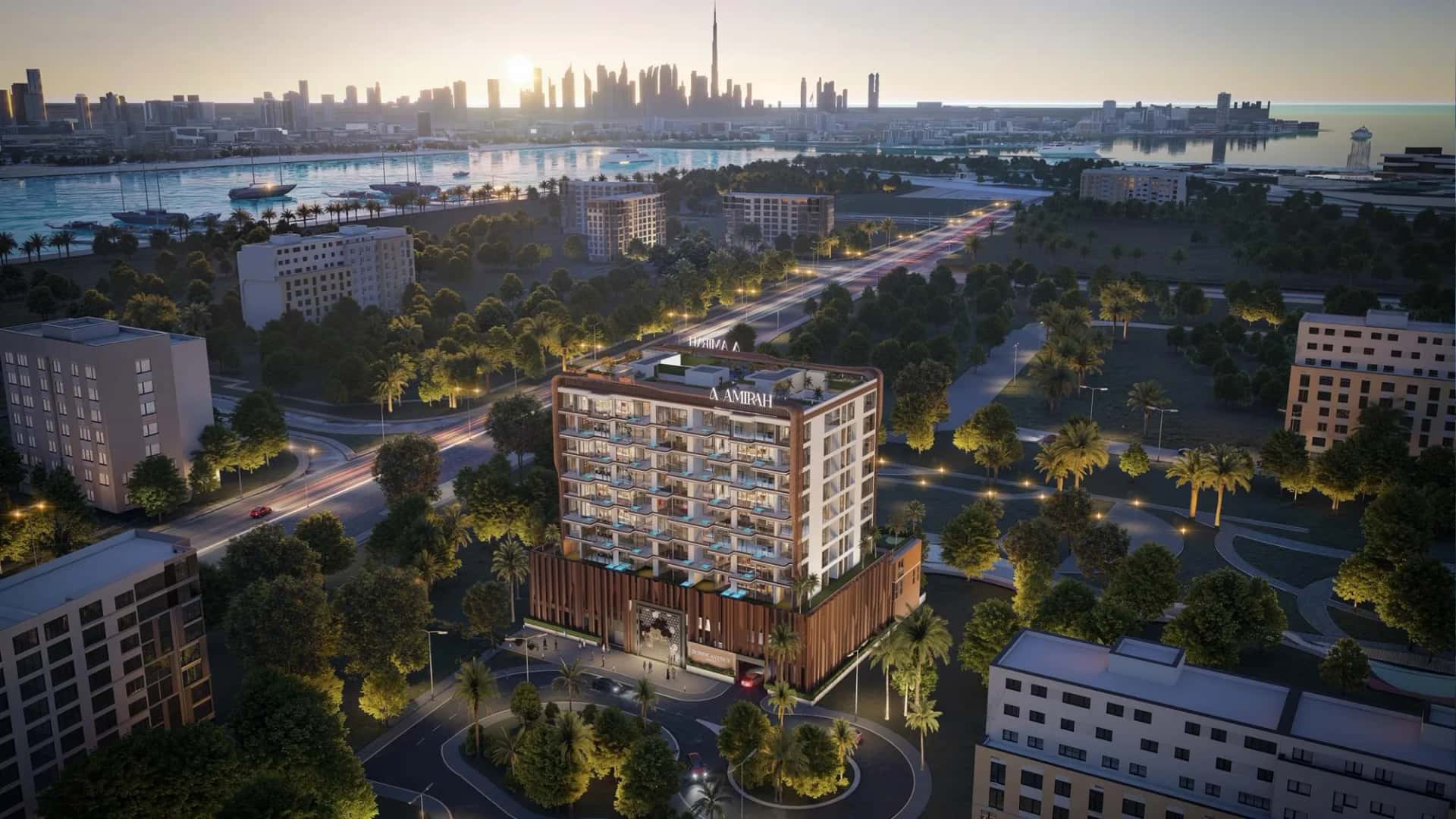 Bonds Avenue Residences exterior tower rendering in Palm Deira, Dubai Islands