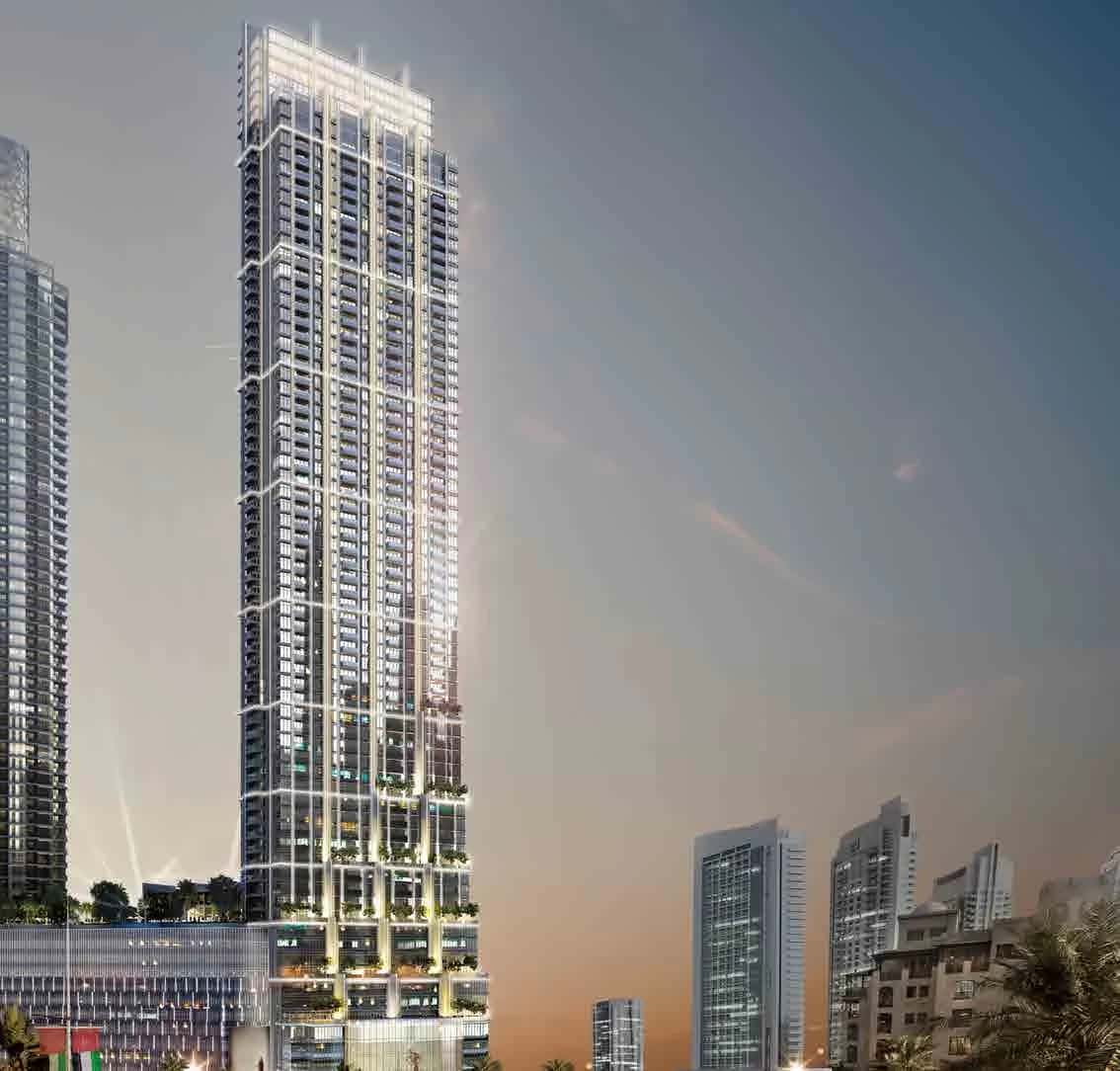 Boulevard Point tower exterior on Mohammed Bin Rashid Boulevard, Downtown Dubai, with Burj Khalifa in background