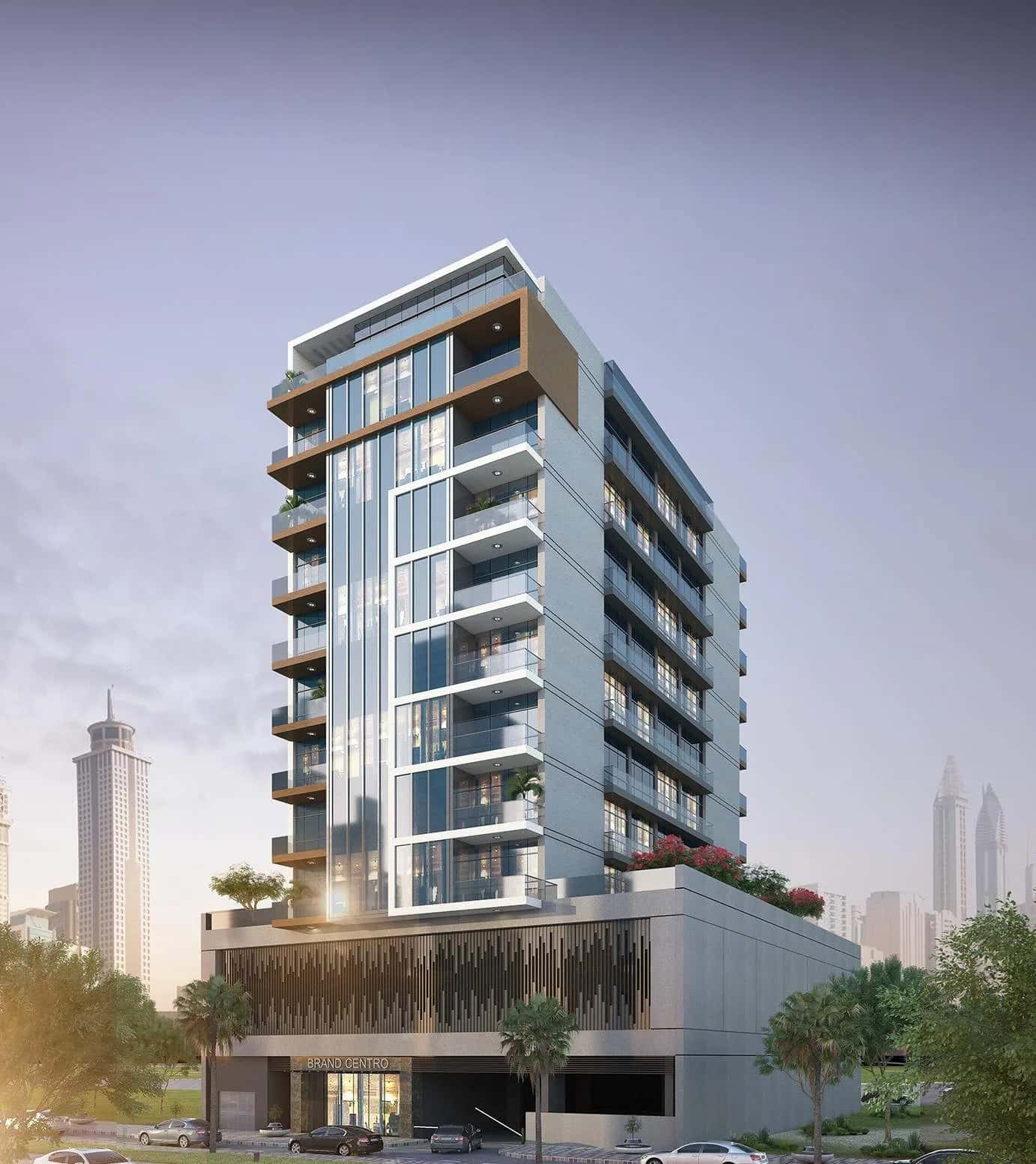 Brand Centro residential tower in Al Satwa Dubai, 10-storey building with fluidic facade and rooftop swimming pool