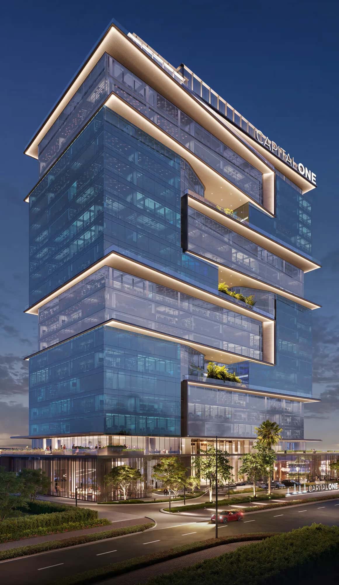 Burj Capital tower rendering overlooking the Business Bay Canal and urban park