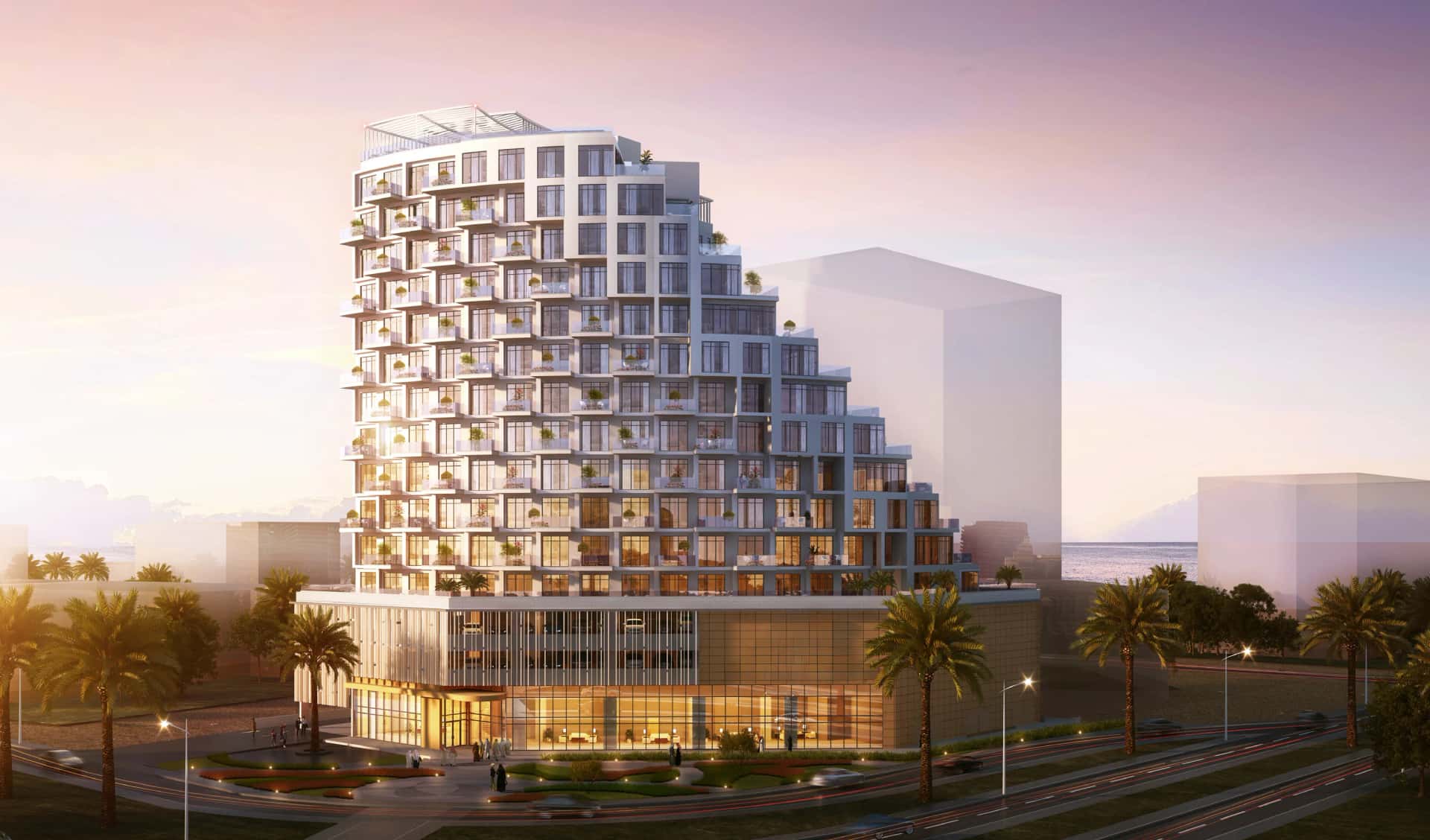 CG Living hotel apartment tower on Dubai Islands, Palm Deira, exterior view