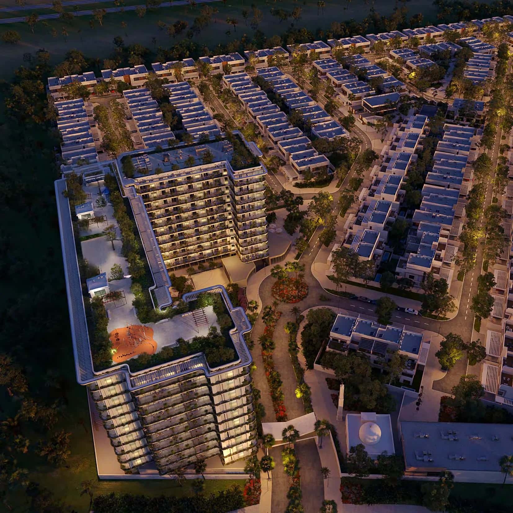 Exterior render of California Residences apartment building at California Village, Dubailand