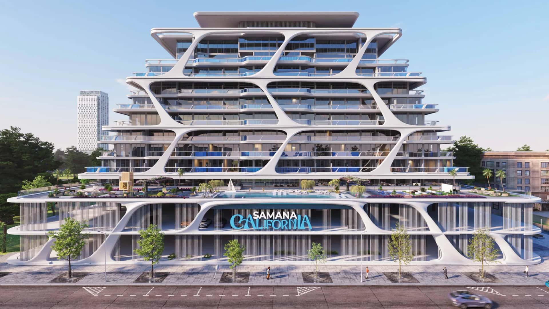 California residential tower exterior with pool deck in Al Furjan, Dubai