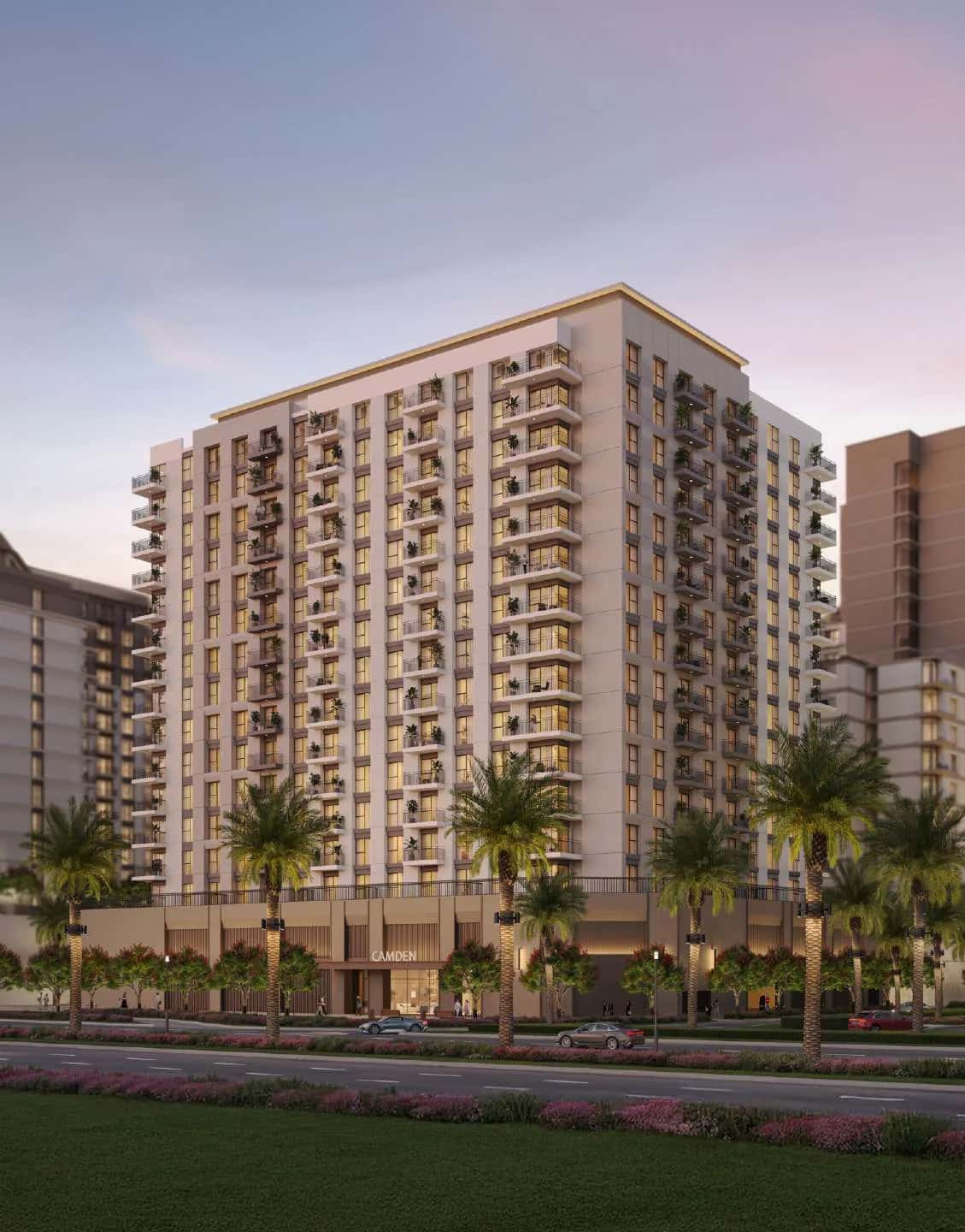 Camden residential tower exterior in Town Square, Dubai, by Nshama