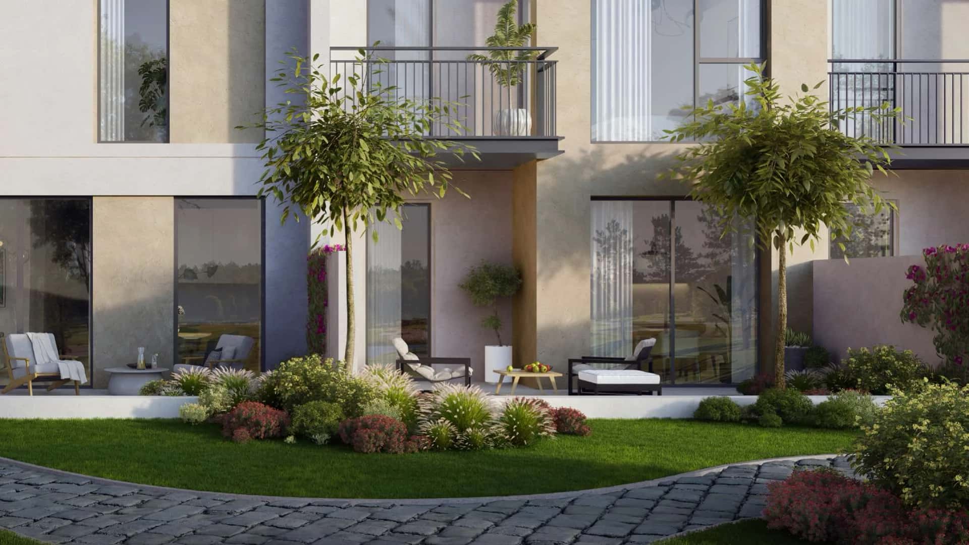 Camelia townhouses in Arabian Ranches II with backyard gardens and landscaped walkways