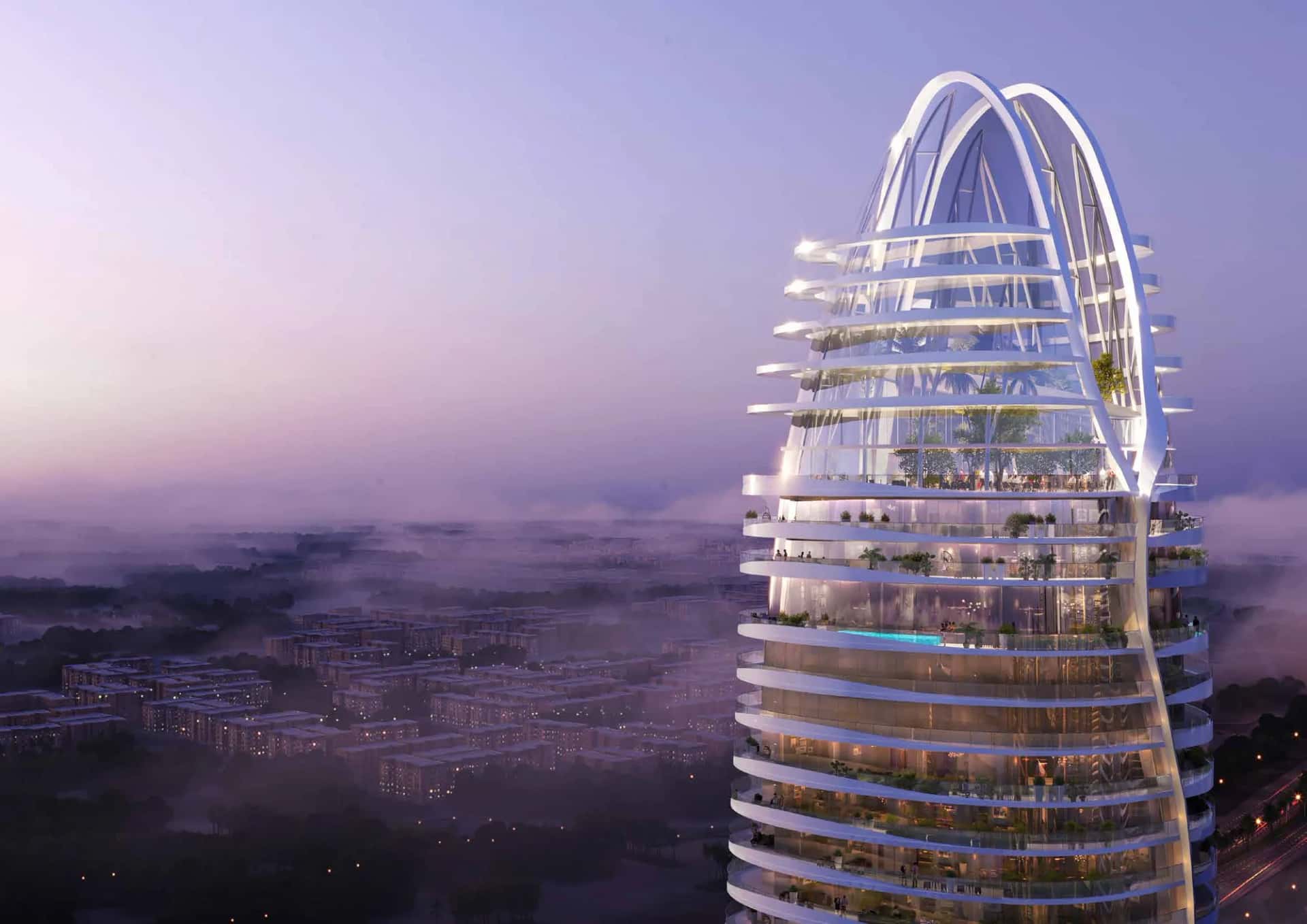 Canal Crown tower facade rising above Dubai Canal in Business Bay